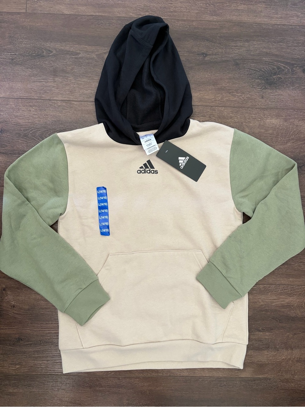 adidas boy’s Beige Pullover Hoodie with Olive Sleeves & Black Hood